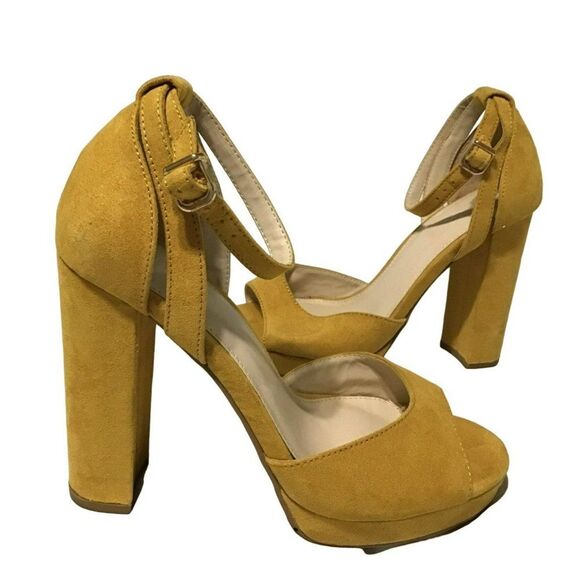 Forever 21 Mustard Block Heel Ankle Strap Shoes Size 7 - Picture 2 of 9